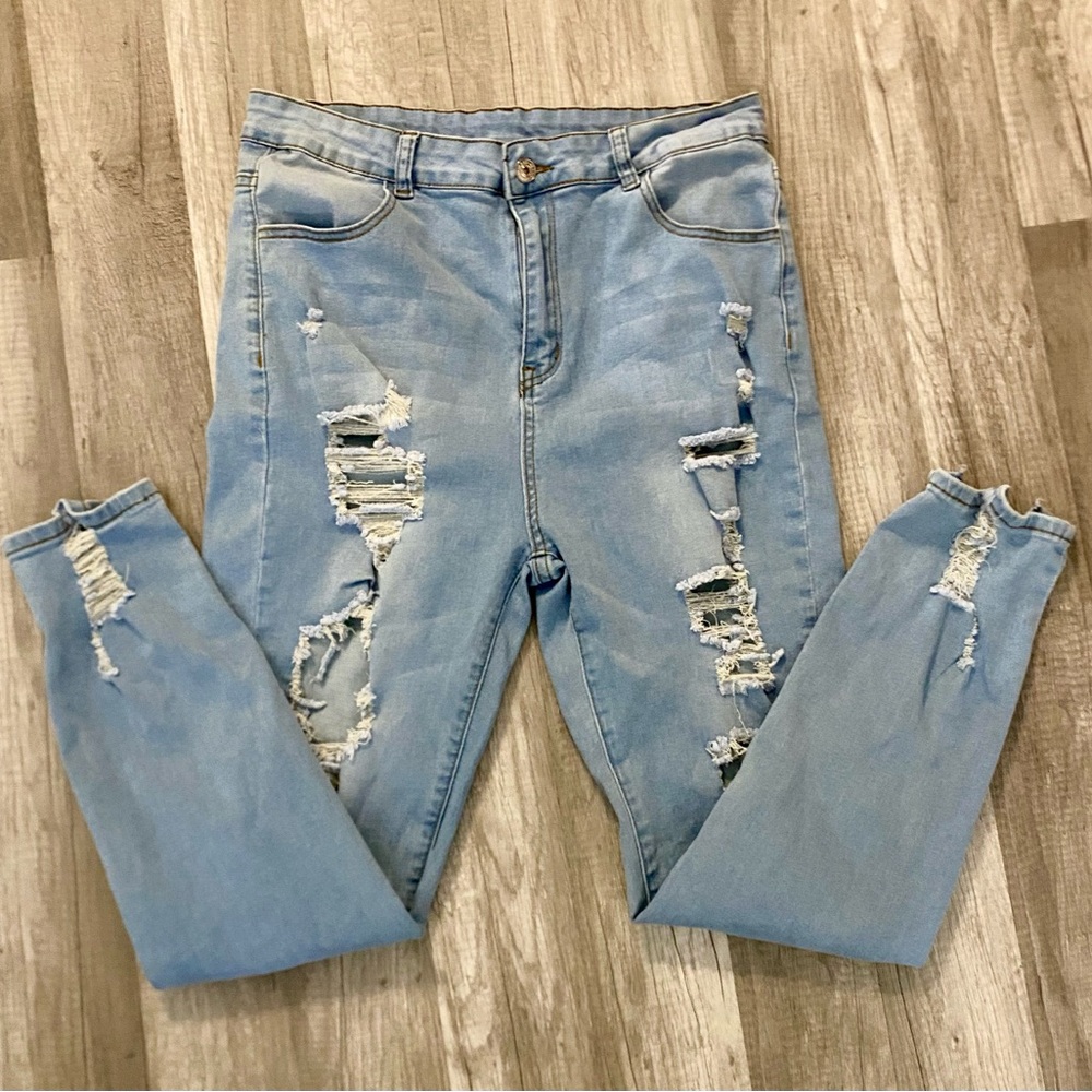 SHEIN High Waisted Distressed Raw Hem Jeans, XL (12)